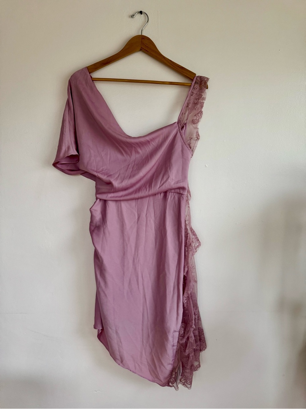 ASOS Lilac Draped Shoulder Fairy Satin Slip Dress (lined) Lace Scarf & Detail 8